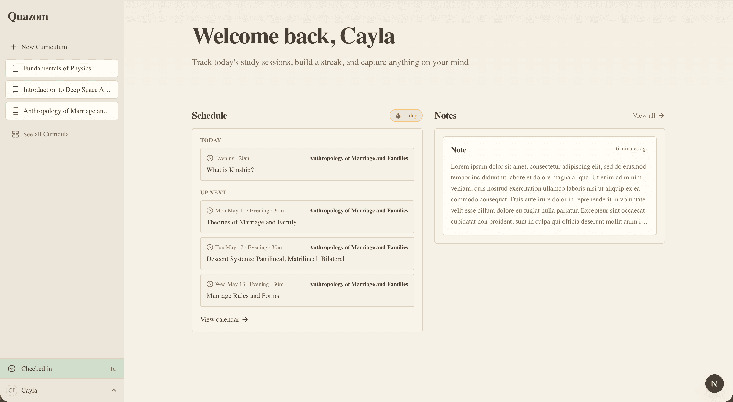 The Quazom dashboard, showing today's study schedule and a recent note.