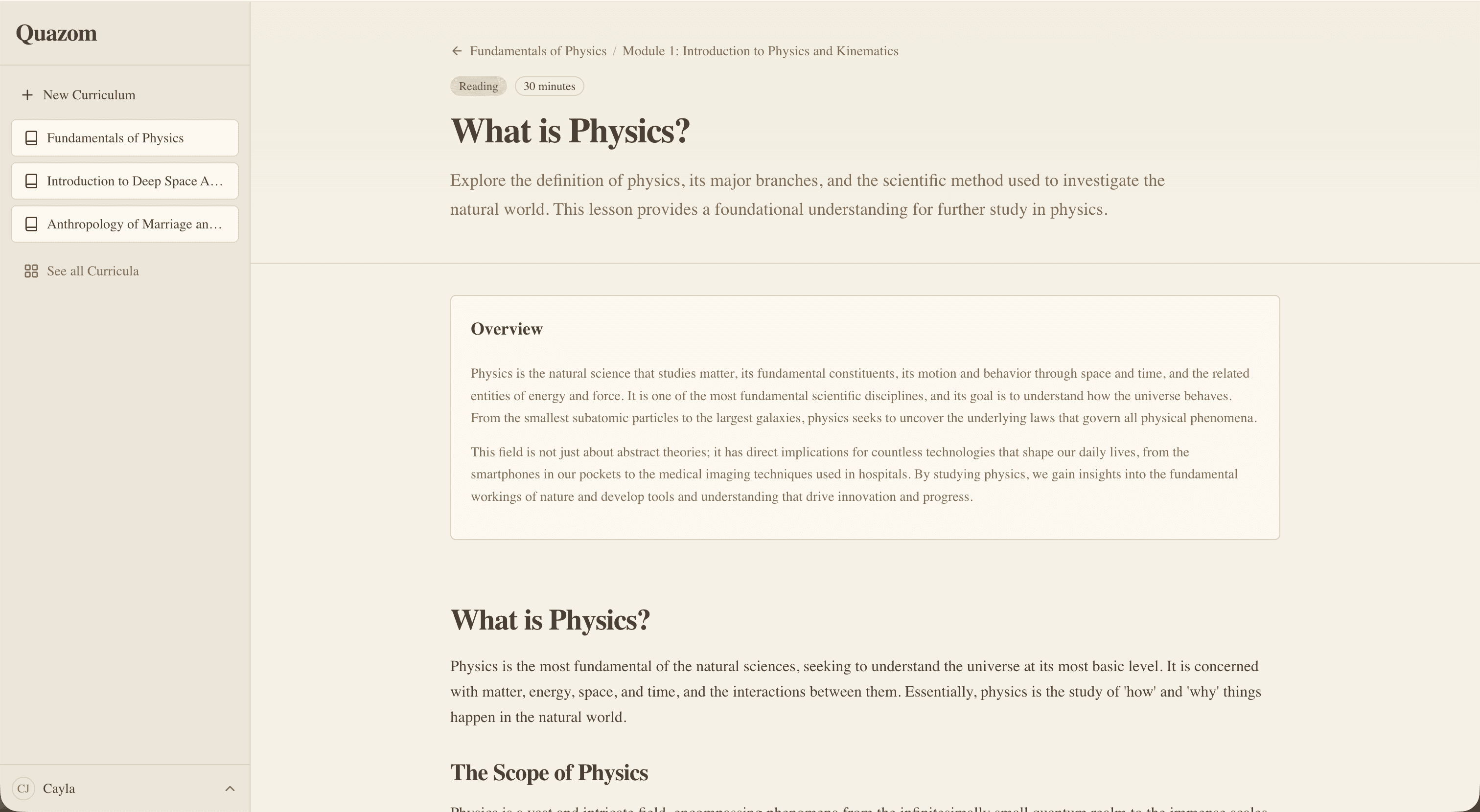 A Quazom lesson on 'What is Physics?' with overview and main content.