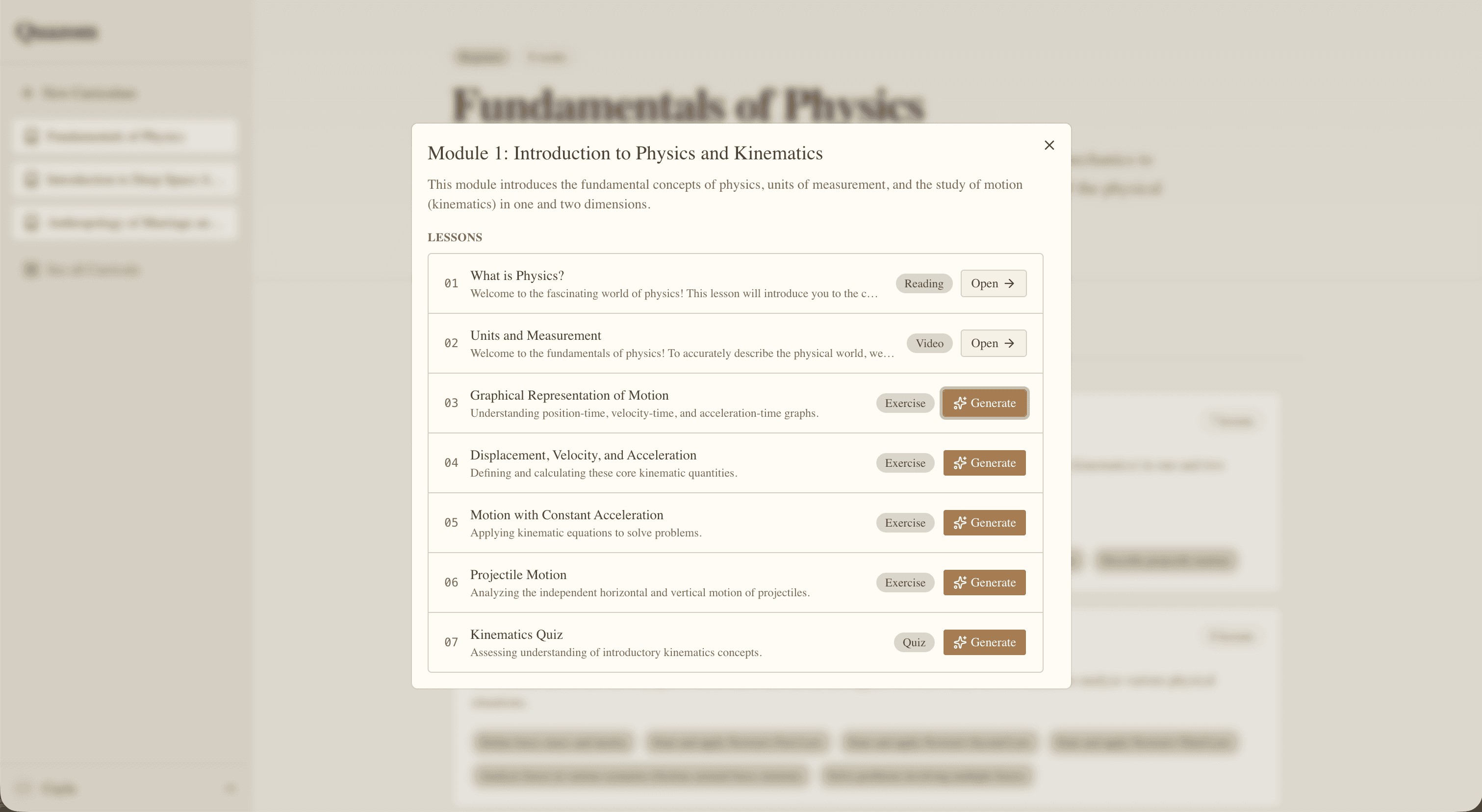 A Quazom module dialog listing the lessons in a Physics curriculum.